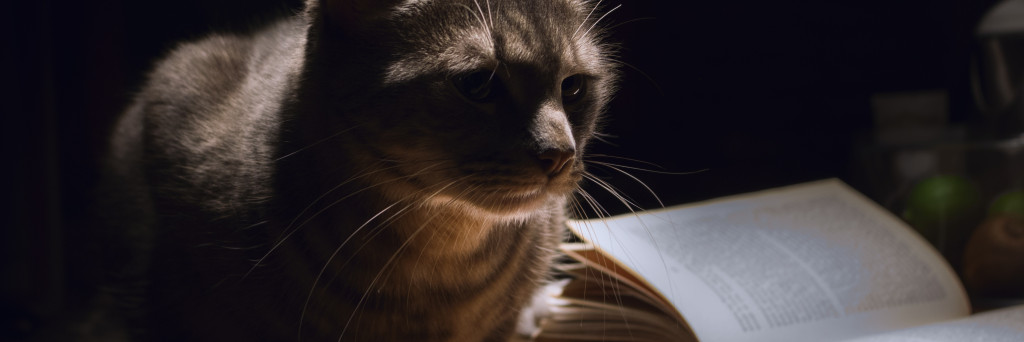Stockfoto kat met boek voor Meulenhoff